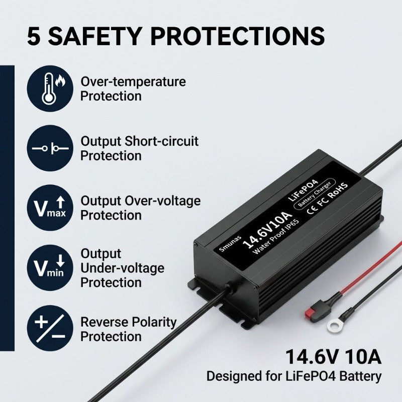 Smunas 14.6V10A Water Proof  LiFePO4 Battery Charger  for marine, boat, RV and more