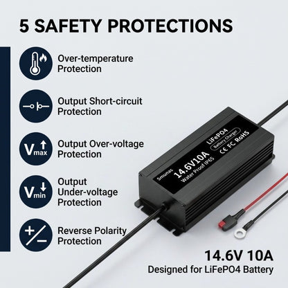 Smunas 14.6V10A Water Proof  LiFePO4 Battery Charger  for marine, boat, RV and more