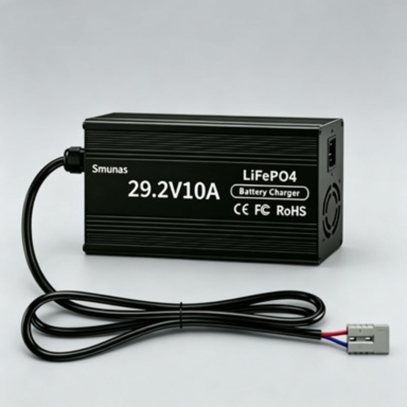 Smunas 29.2V 10A LiFePO4 Battery Charger with LED Indicators, 4 Safe Protections for 24V LiFePO4 Deep Cycle Batteries.