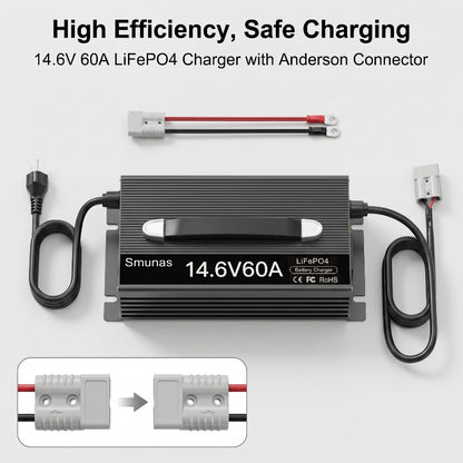 Smunas 14.6V 60A LiFePO4 Charger, 0V Battery Recovery, Compatible with BMS-Protected Batteries, 5 Protections