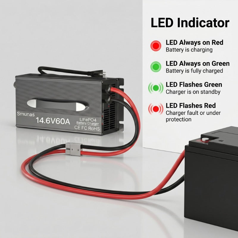 Smunas 14.6V 60A LiFePO4 Charger, 0V Battery Recovery, Compatible with BMS-Protected Batteries, 5 Protections