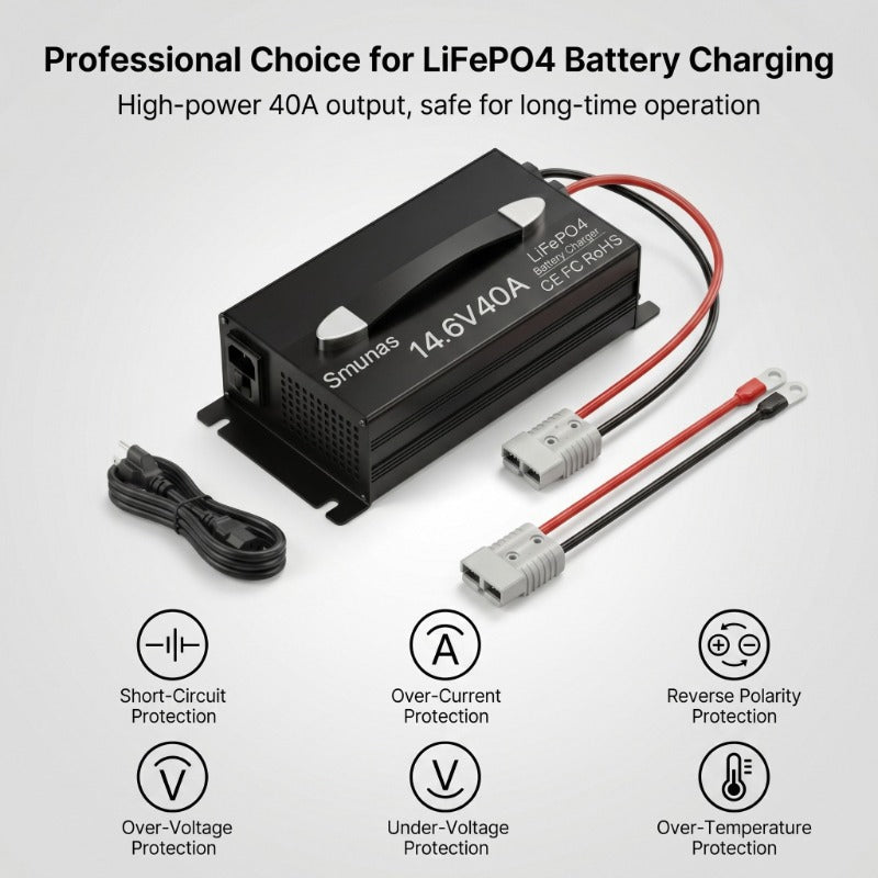 Smunas 14.6V40A LiFePO4 Battery charger,0V battery recovery for RV, solar and off-grid use