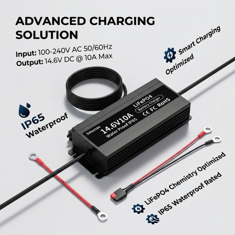 Smunas 14.6V10A Water Proof  LiFePO4 Battery Charger  for marine, boat, RV and more