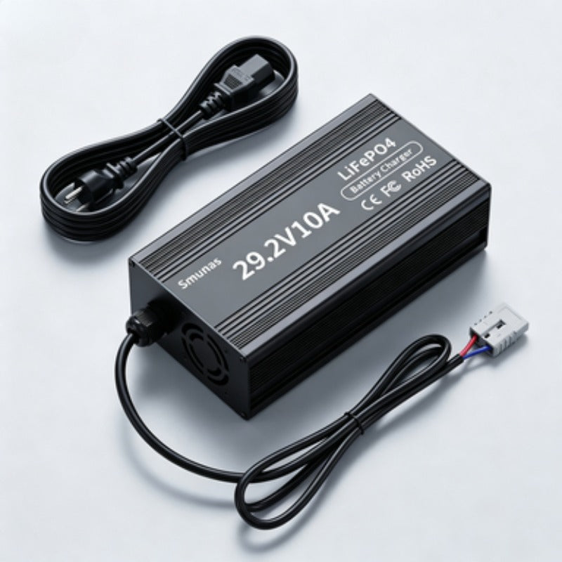 Smunas 29.2V 10A LiFePO4 Battery Charger with LED Indicators, 4 Safe Protections for 24V LiFePO4 Deep Cycle Batteries.