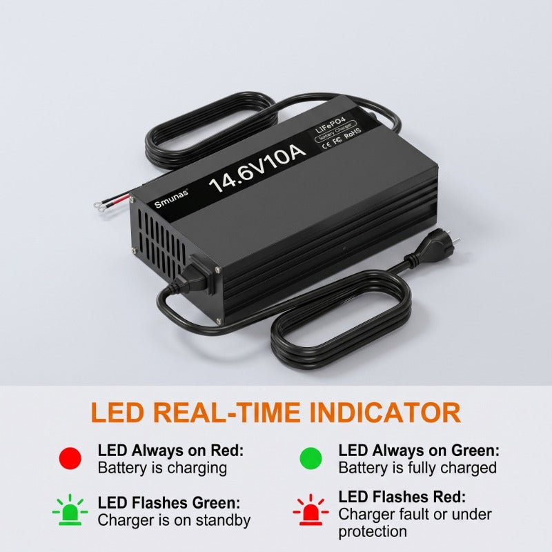Smunas 14.6V(12V)10A LiFePO4 Battery Charger For RVs, trucks, cars ,solar systems and more