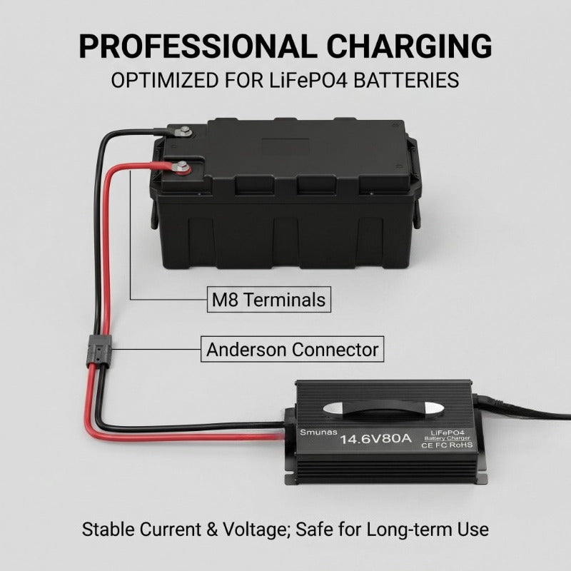 Smunas 14.6V 80A Smart LiFePO4 Charger with 3-Stage Charging 0V Battery Activation.