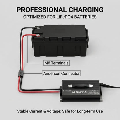 Smunas 14.6V 80A Smart LiFePO4 Charger with 3-Stage Charging 0V Battery Activation.
