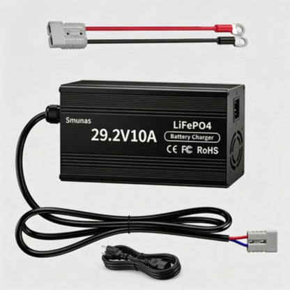 Smunas 29.2V 10A LiFePO4 Battery Charger with LED Indicators, 4 Safe Protections for 24V LiFePO4 Deep Cycle Batteries.