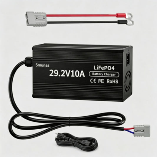 Smunas 29.2V 10A LiFePO4 Battery Charger with LED Indicators, 4 Safe Protections for 24V LiFePO4 Deep Cycle Batteries.