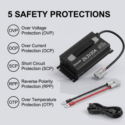Smunas 29.2V20A LiFePO4 Battery Charger, Fast Charging ,0V battery recovery,5 Safety Protections