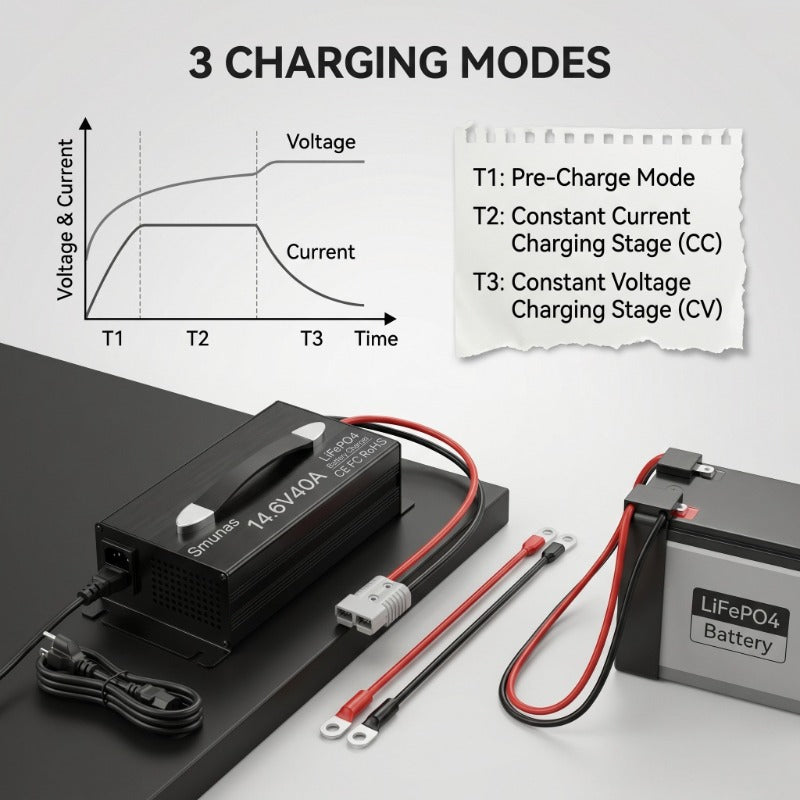 Smunas 14.6V40A LiFePO4 Battery charger,0V battery recovery for RV, solar and off-grid use