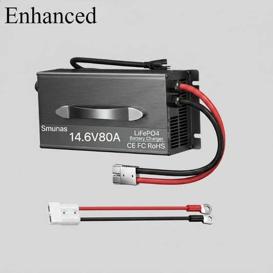 Smunas 14.6V 80A Smart LiFePO4 Charger with 3-Stage Charging 0V Battery Activation.