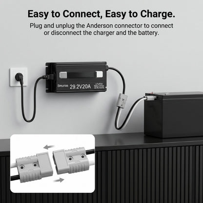 Smunas 29.2V20A LiFePO4 Battery Charger, Fast Charging ,0V battery recovery,5 Safety Protections