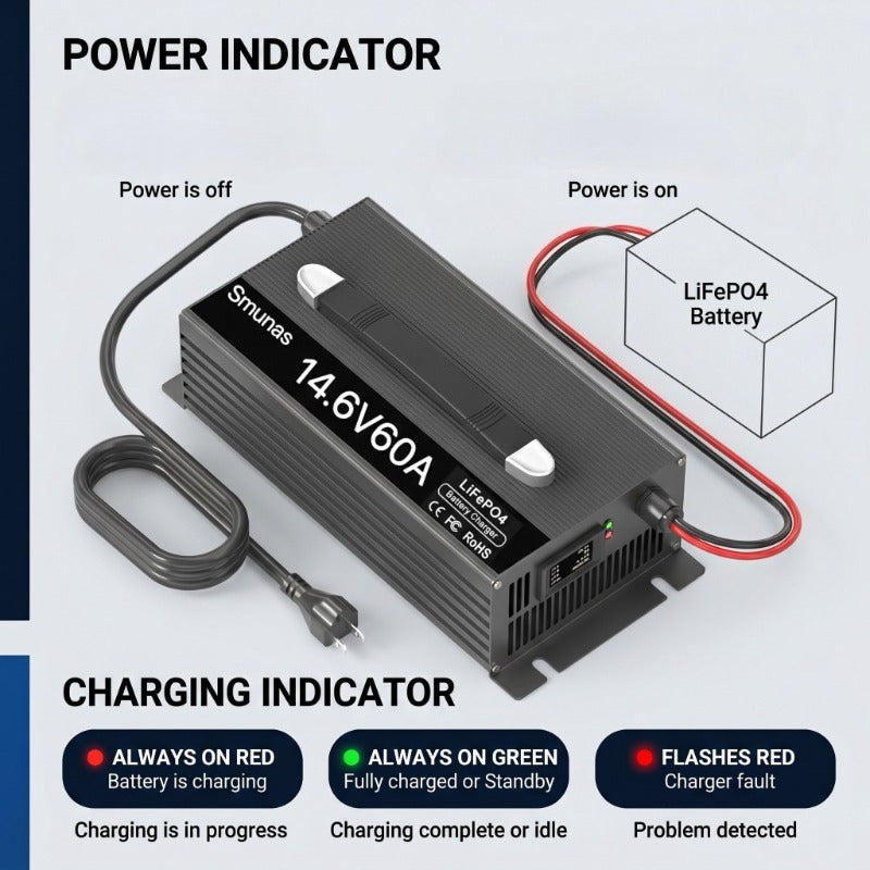 Smunas 14.6V 60A LiFePO4 Charger, 0V Battery Recovery, Compatible with BMS-Protected Batteries, 5 Protections