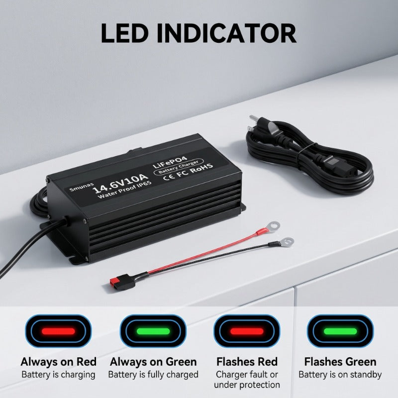 Smunas 14.6V10A Water Proof  LiFePO4 Battery Charger  for marine, boat, RV and more