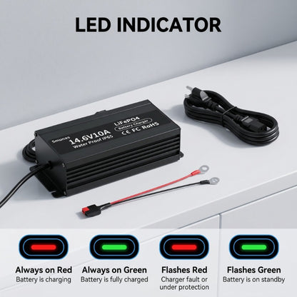 Smunas 14.6V10A Water Proof  LiFePO4 Battery Charger  for marine, boat, RV and more