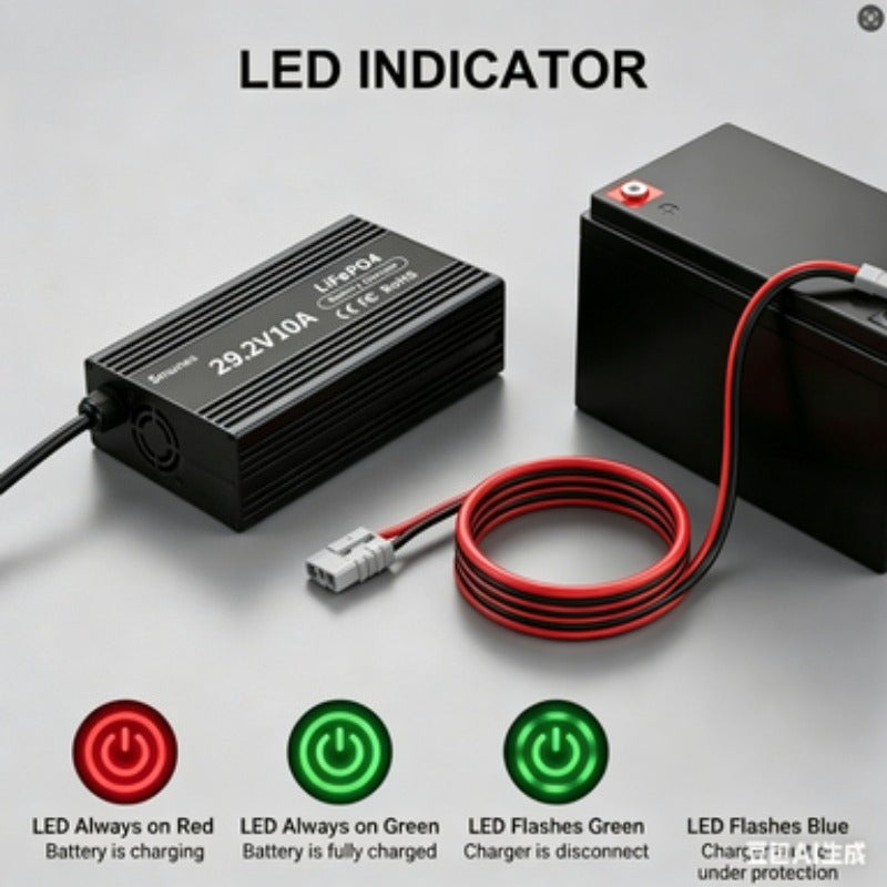 Smunas 29.2V 10A LiFePO4 Battery Charger with LED Indicators, 4 Safe Protections for 24V LiFePO4 Deep Cycle Batteries.