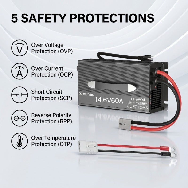 Smunas 14.6V 60A LiFePO4 Charger, 0V Battery Recovery, Compatible with BMS-Protected Batteries, 5 Protections