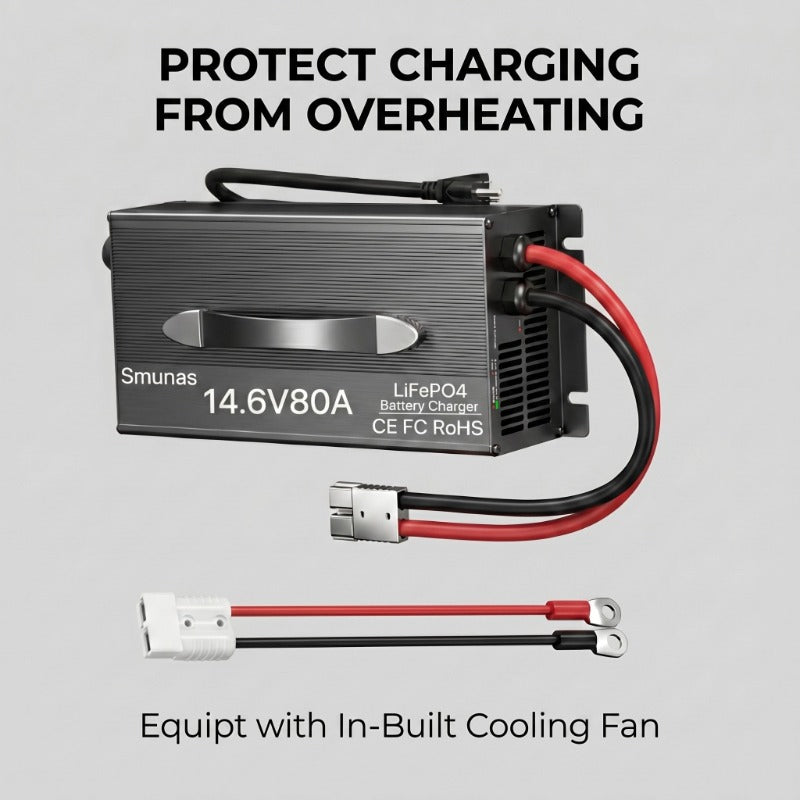 Smunas 14.6V 80A Smart LiFePO4 Charger with 3-Stage Charging 0V Battery Activation.