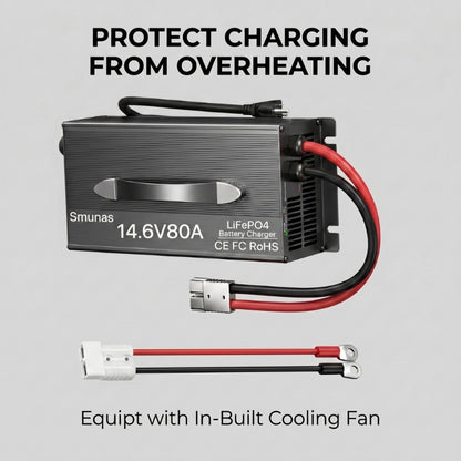 Smunas 14.6V 80A Smart LiFePO4 Charger with 3-Stage Charging 0V Battery Activation.