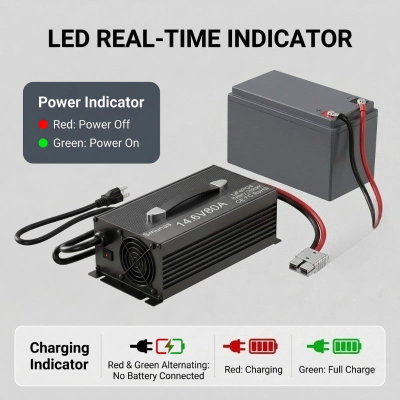 Smunas 14.6V 80A Smart LiFePO4 Charger with 3-Stage Charging 0V Battery Activation.