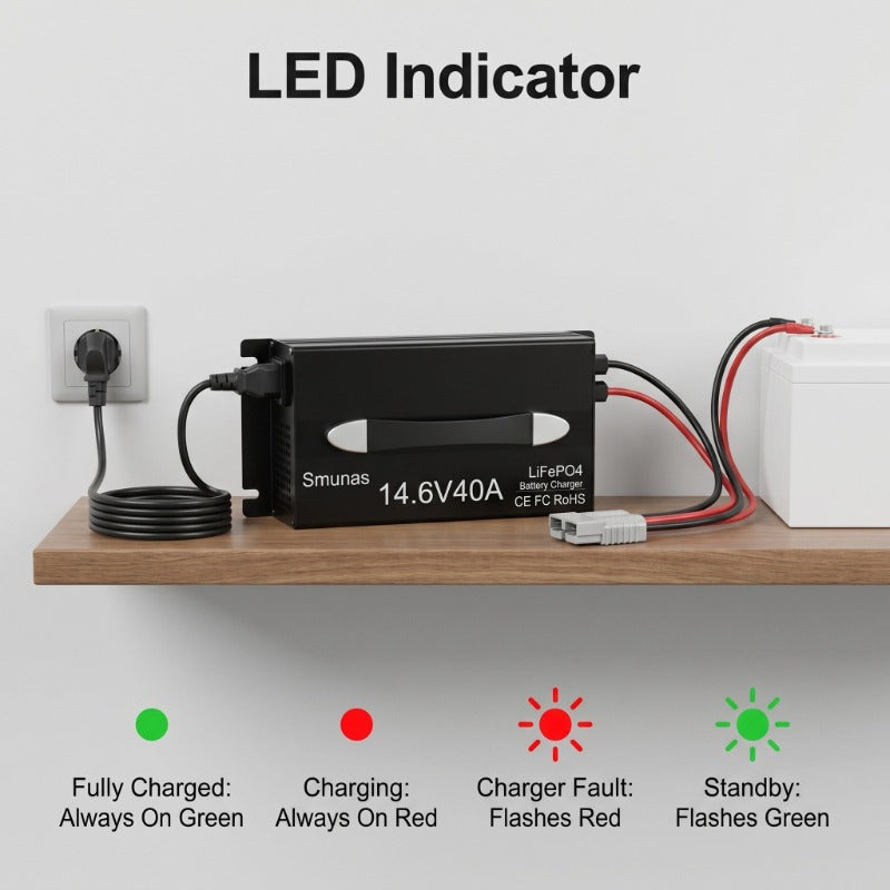 Smunas 14.6V40A LiFePO4 Battery charger,0V battery recovery for RV, solar and off-grid use