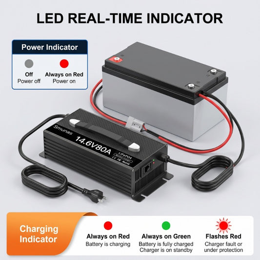 Smunas 14.6V 80A Smart LiFePO4 Charger with 3-Stage Charging 0V Battery Activation.