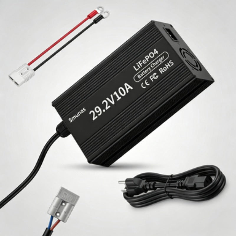 Smunas 29.2V 10A LiFePO4 Battery Charger with LED Indicators, 4 Safe Protections for 24V LiFePO4 Deep Cycle Batteries.