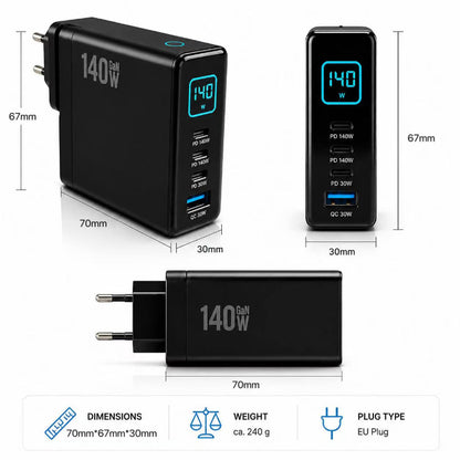 Smunas 140W USB-C Fast GaN Charging Adapter with TFT Smart Display &  4-Port Multi-Device for  iPhone, SteamDeck, MacBook, iPad, Galaxy