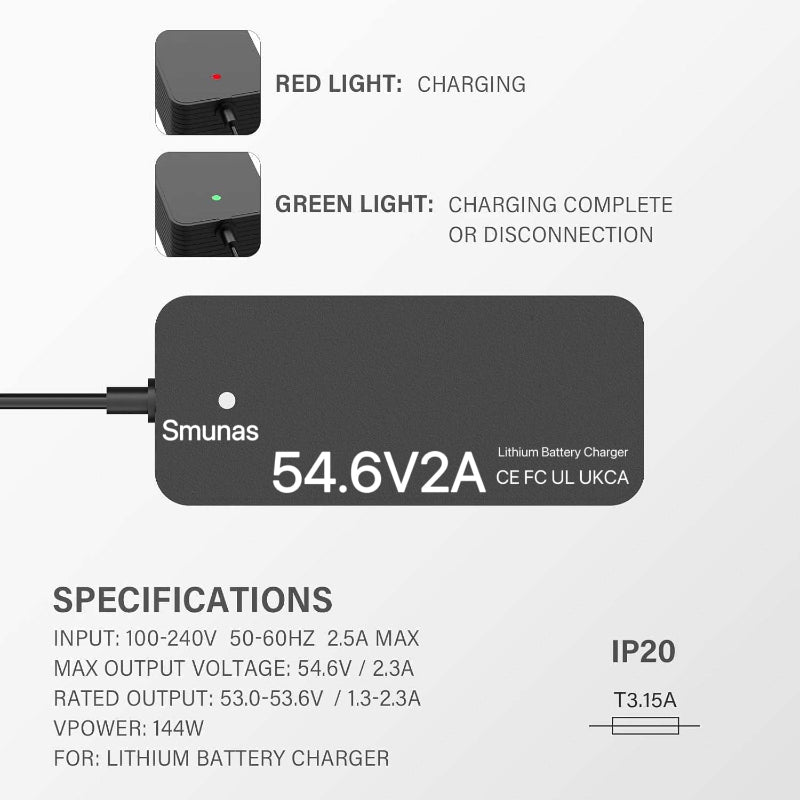 Smunas 54.6V2A For Lithium Battery Charger,UL Certified,for Xiaomi,Segway,Ninebot and more