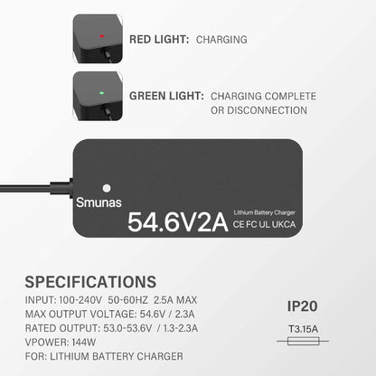 Smunas 54.6V2A For Lithium Battery Charger,UL Certified,for Xiaomi,Segway,Ninebot and more