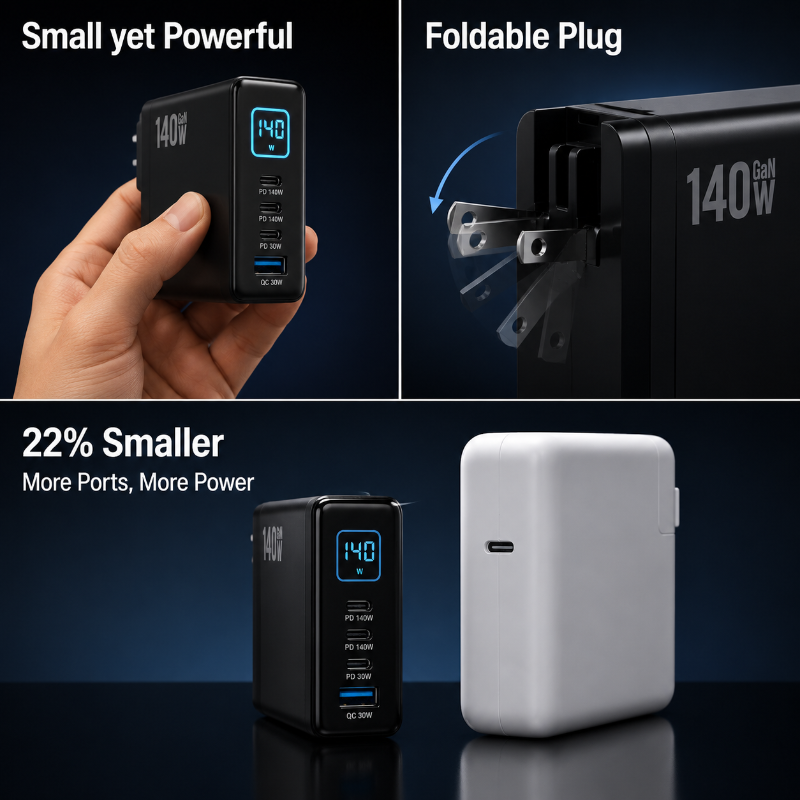 Smunas 140W USB-C Fast GaN Charging Adapter with TFT Smart Display &  4-Port Multi-Device for  iPhone, SteamDeck, MacBook, iPad, Galaxy