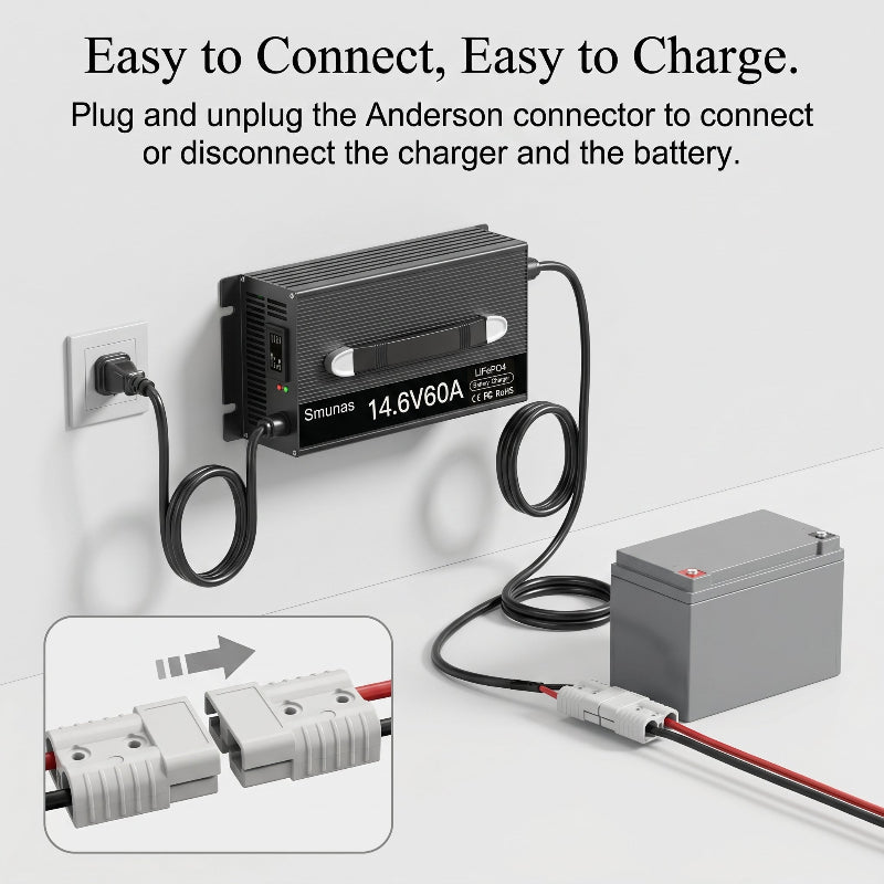 Smunas 14.6V 60A LiFePO4 Charger, 0V Battery Recovery, Compatible with BMS-Protected Batteries, 5 Protections
