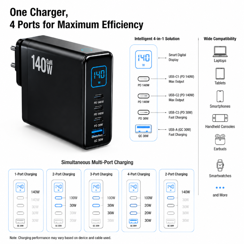 Smunas 140W USB-C Fast GaN Charging Adapter with TFT Smart Display &  4-Port Multi-Device for  iPhone, SteamDeck, MacBook, iPad, Galaxy