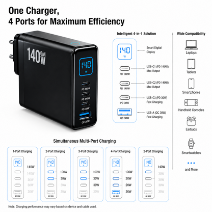 Smunas 140W USB-C Fast GaN Charging Adapter with TFT Smart Display &  4-Port Multi-Device for  iPhone, SteamDeck, MacBook, iPad, Galaxy