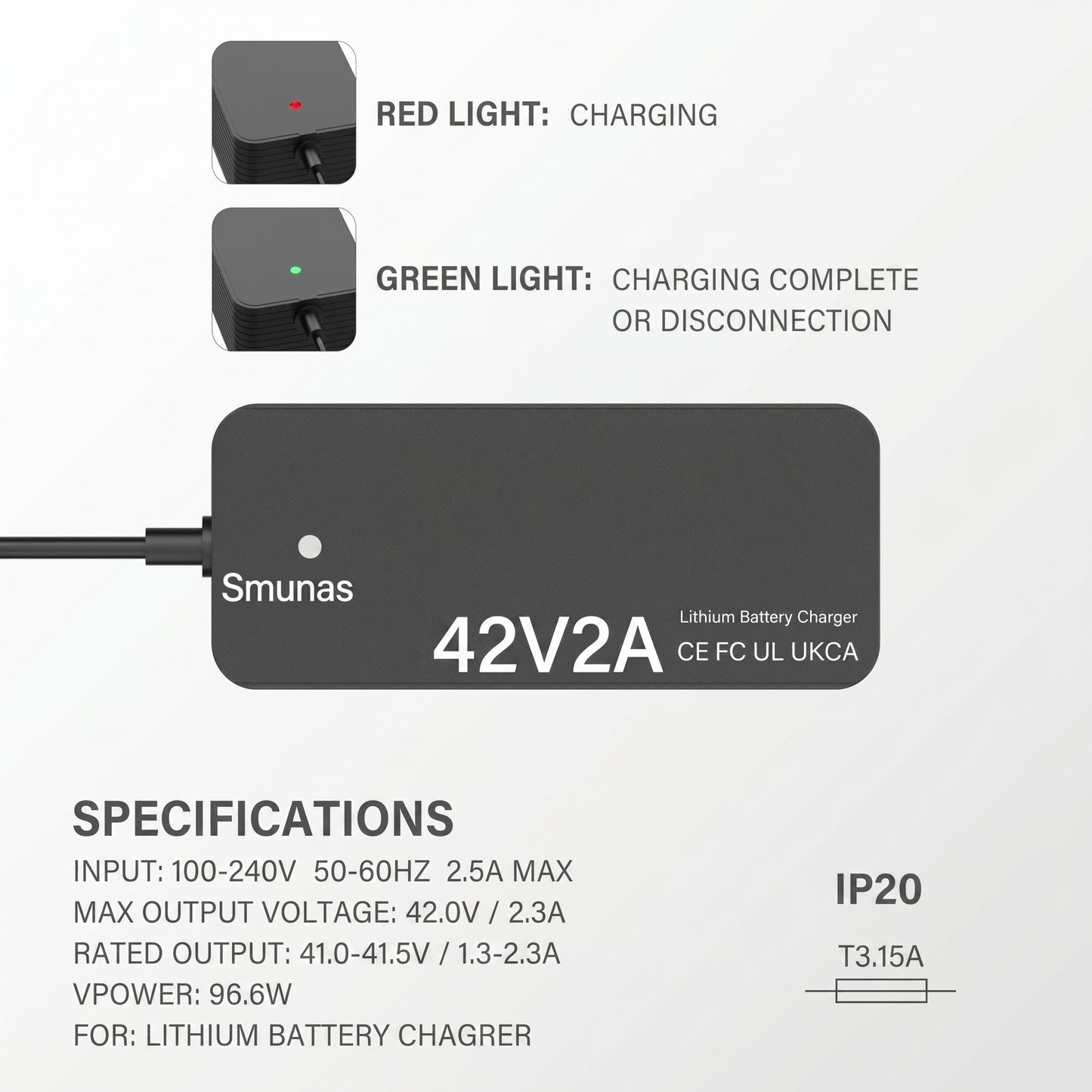 Smunas 42V2A Charger for 36V Lithium Batteries,UL Certified for Xiaomi ,Segway,Ninebot