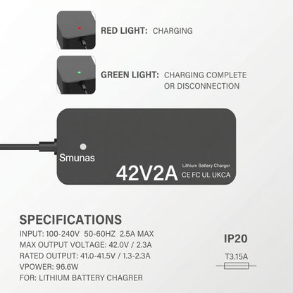 Smunas 42V2A Charger for 36V Lithium Batteries,UL Certified for Xiaomi ,Segway,Ninebot